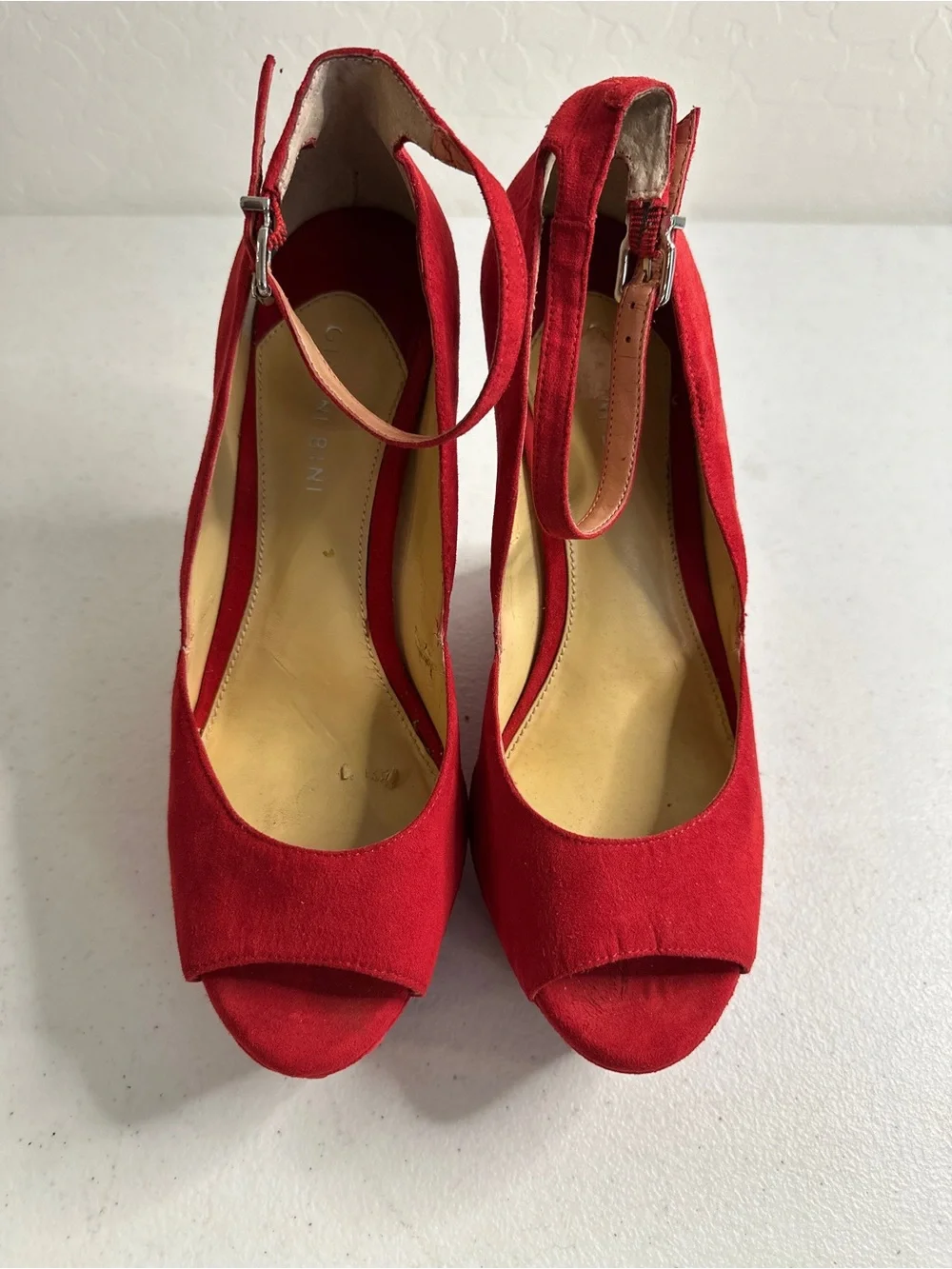 Gianni Bini Red Suede Peep-Toe Ankle-Strap Wedges